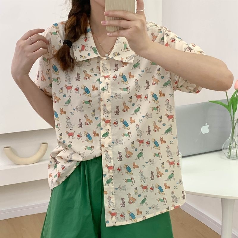 カートゥーン プリント シャツ レディース アウター 半袖 トップス レディース おしゃれ 春夏 薄手 ゆったり シャツ885