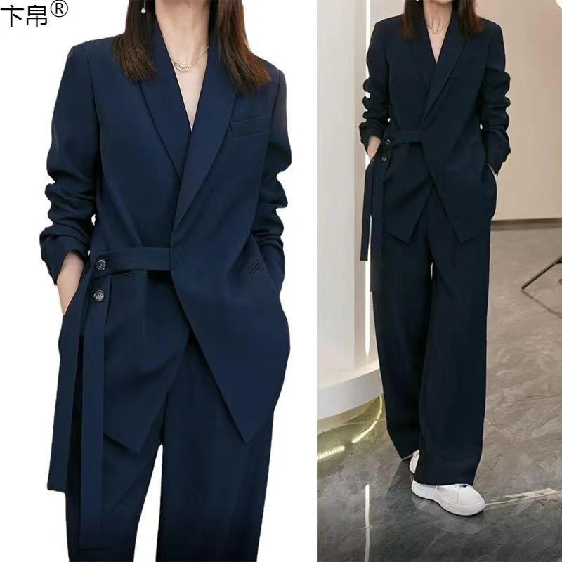 通勤 OL スーツ レディース フォーマル 紺色 ネイビー パンツスーツ 二次会 お呼ばれ セレモニースーツ ウエスト結び付き お洒落 大人 上品
