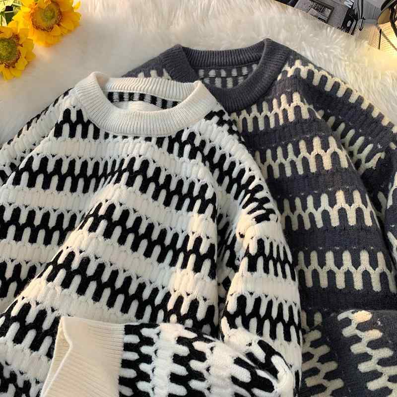 秋冬 コーデ メンズ 服 シンプル ファッション オシャレ 大人 かっこいい 大きいサイズ ストリート 紳士服 コントラスト ストライプ セーター ハイエンド プルオーバー セーター