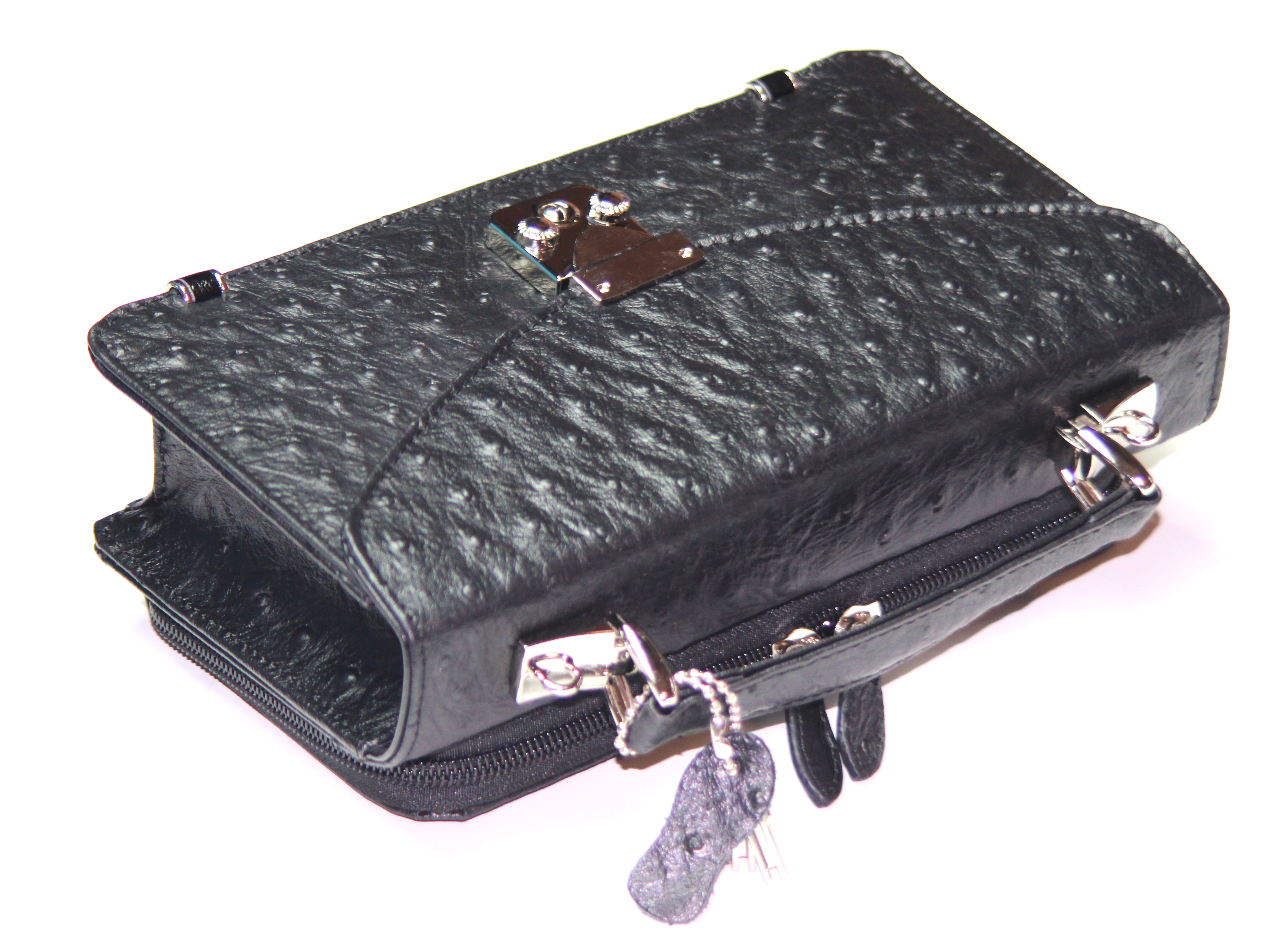 【新規OPEN】【期間限定セール】【激安】【新品未使用】牛革オーストリッチ型押し　背面財布機能付き　男女兼用　ミニセカンドバッグ　UHP-2114　黒