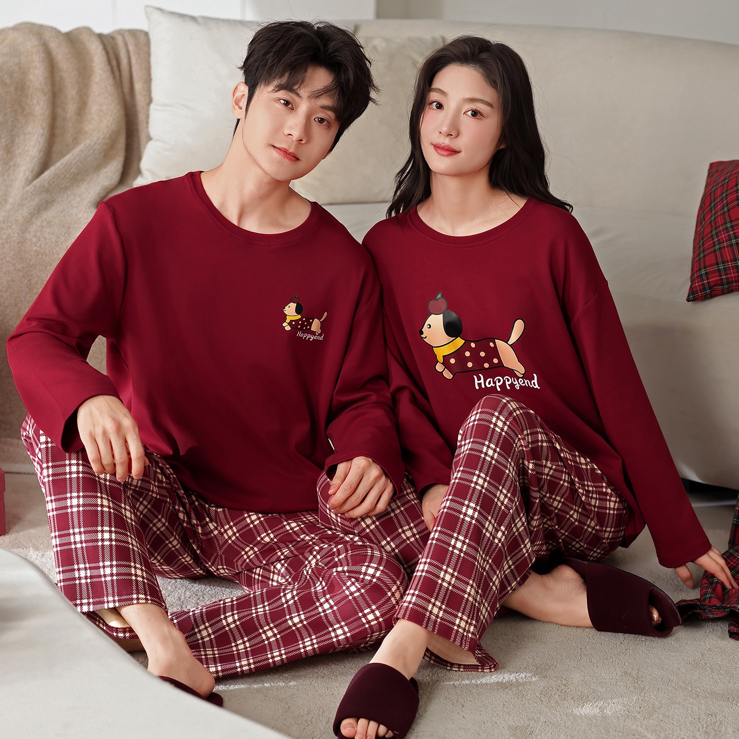 カップルパジャマ レディース 春秋 レッド 純綿 長袖 チェック柄 パンツ 結婚式 ユニセックス オールコットン ホームウェアセット