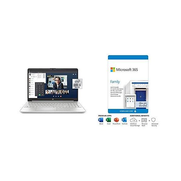 HP 15-Inch FHD Laptop， Natural Silver Plus Microsoft 365 Personal 12 Month， Auto-Renewing Subscripti