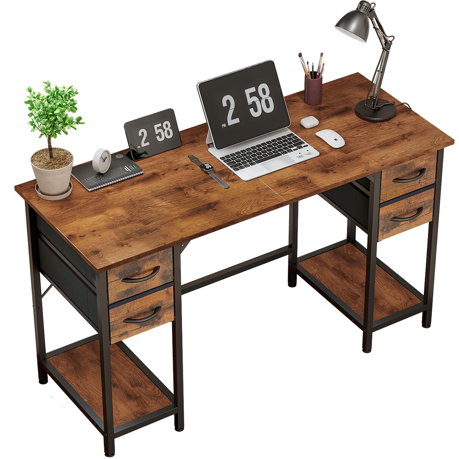 【幅120cm】パソコンデスク デスク 机 勉強机 学習机 ラック付き 引き出し付き 収納たっぷり ワークデスク オフィスデスク テレワーク 在宅勤務 ブラウン 50×120×75 73197