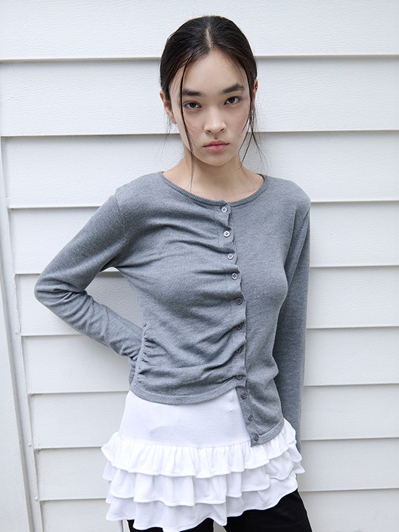 SHIRRING BUTTON UNBALANCE CARDIGAN GRAY