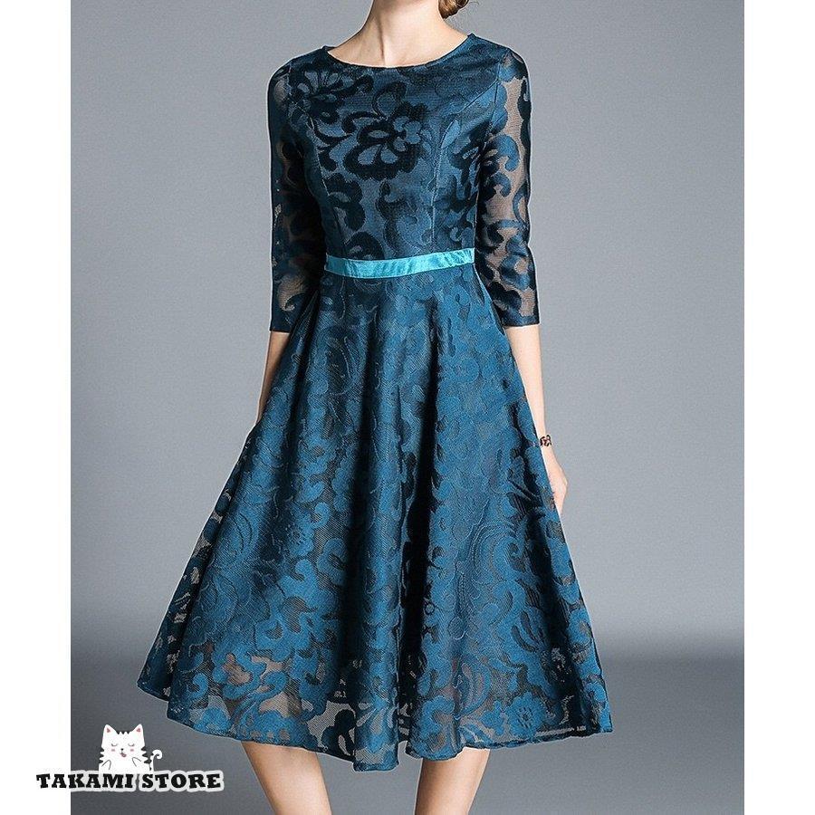 フルレースドレス七分袖ミディ丈フレアシフォンプラスサイズ 2L 3L 4L招待状結婚式パーティーアフターパーティー用