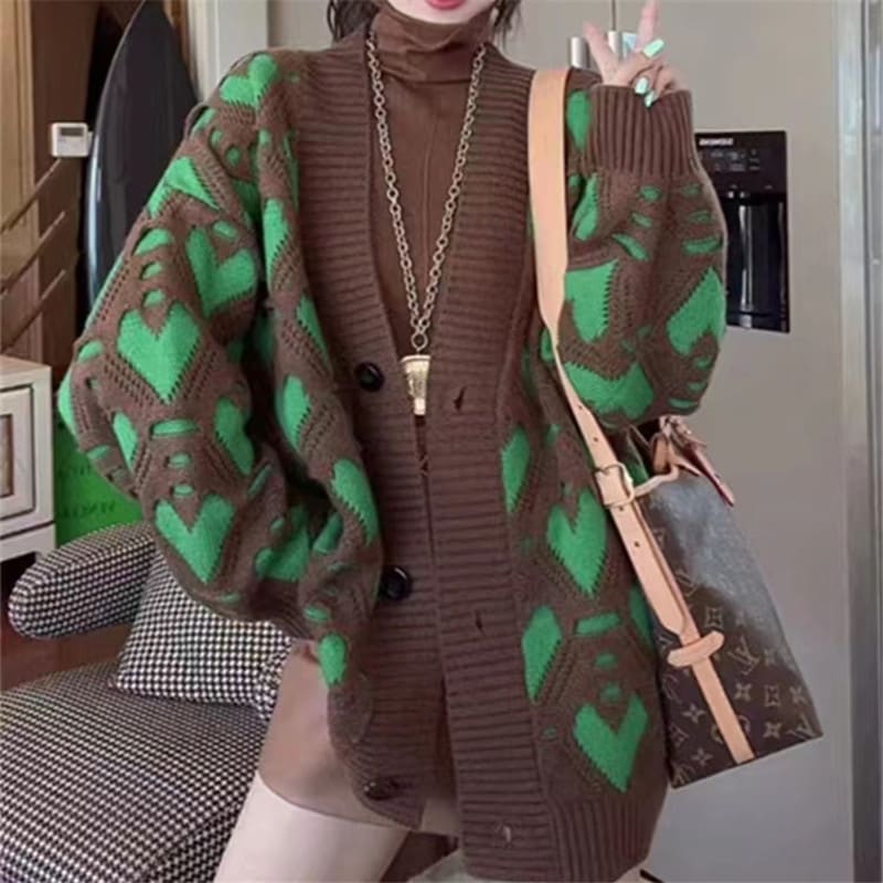 新商品ニットコード怠惰風セーターレディース可愛い愛ジャカードニット カーディガン