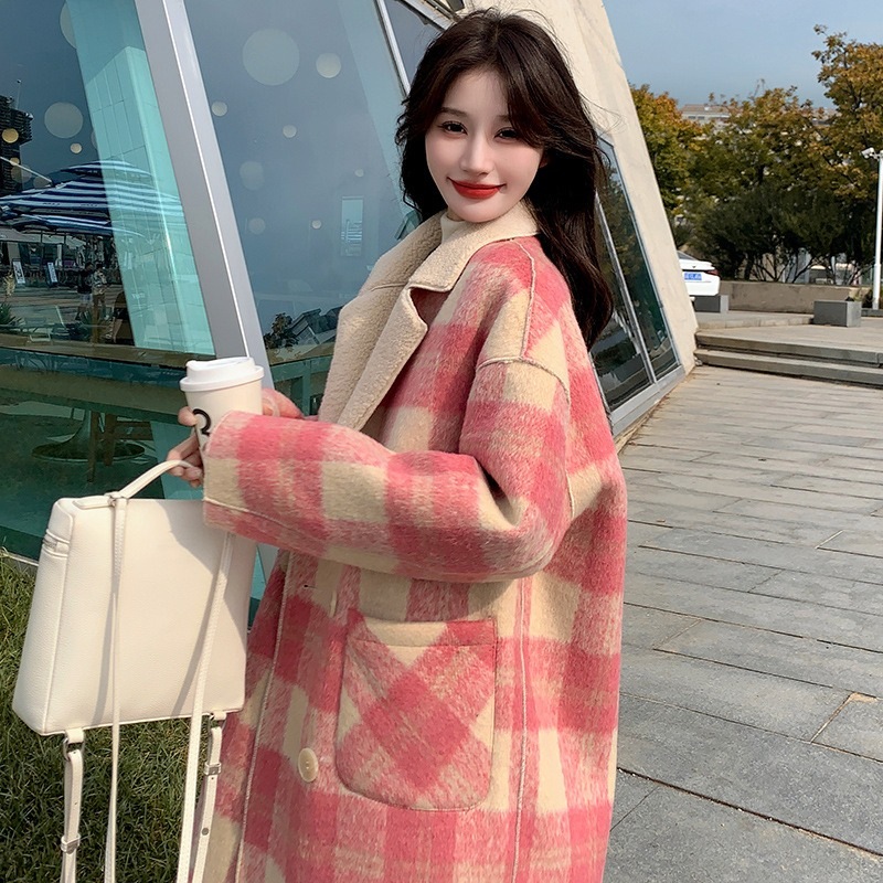 秋冬レディースピンク韓国毛ねチェックコート超美毛ねコート