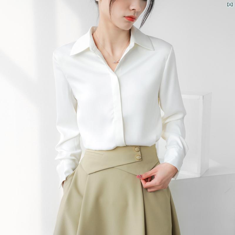 レディース ファッション　レディース　カジュアル　上品　綺麗　外出 MY ホワイトサテン 長袖 シャツ 春 小柄 レトロ ドレープ インタビュー トップ