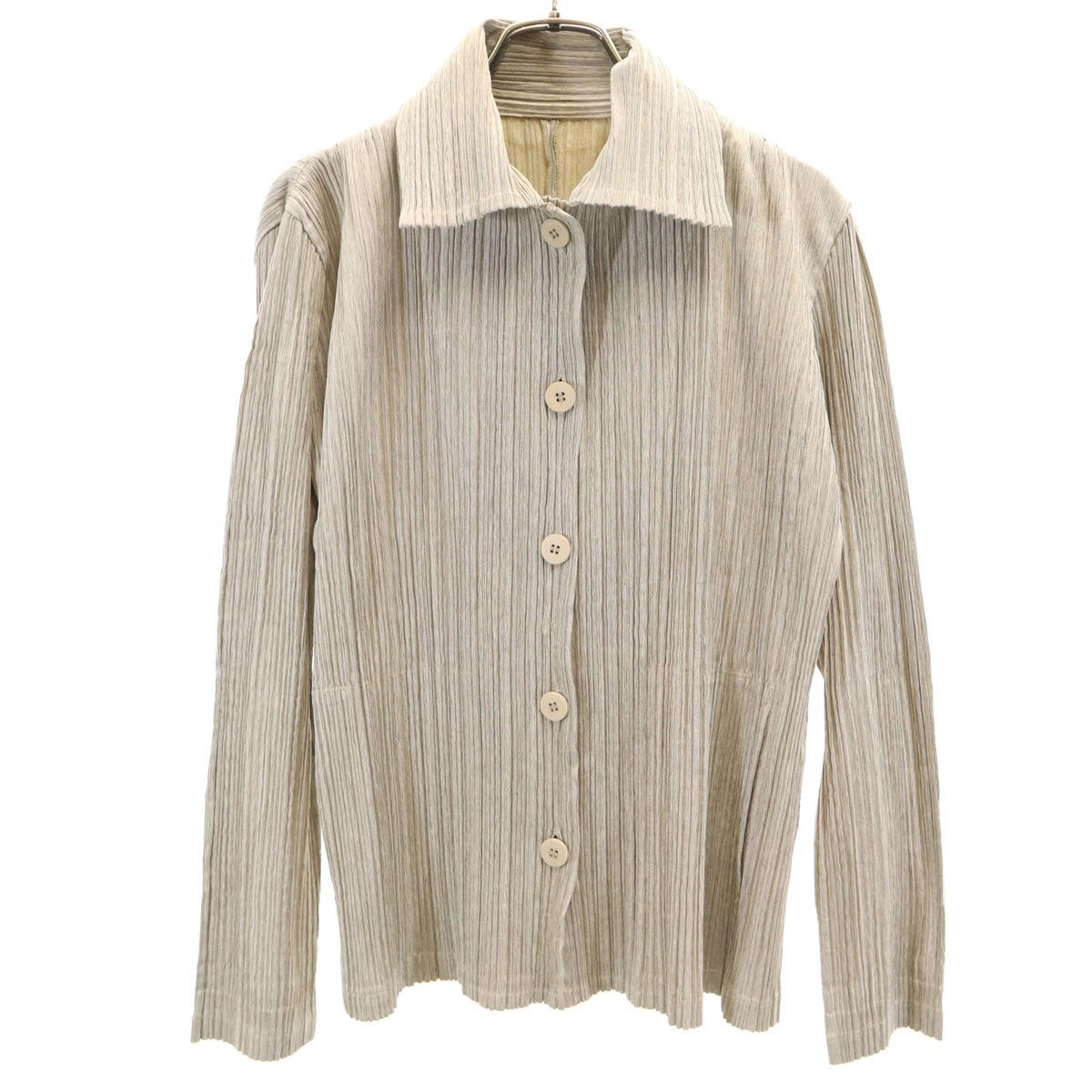 PLEATS PLEASE プリーツプリーズ 日本製 長袖 プリーツ シャツ 4 グレージュ イッセイミヤケ レディース 古着