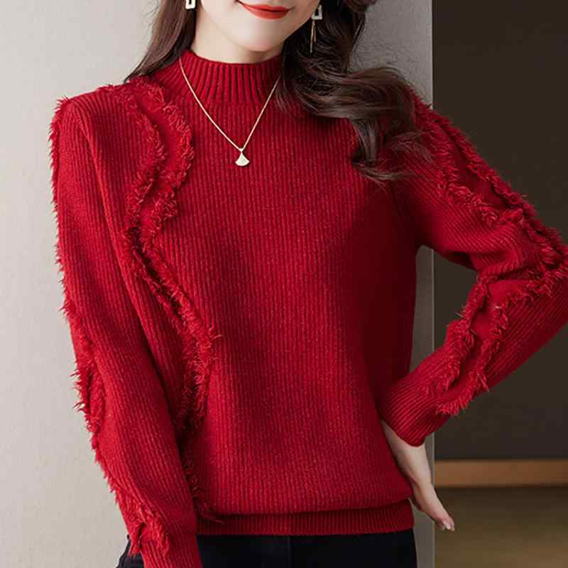 セーター 長袖 レディース 女性 プルオーバー トップス ハイネック フリンジ 装飾 ショート丈 ニット 編み おしゃれ 大きいサイズ 赤 黄 白