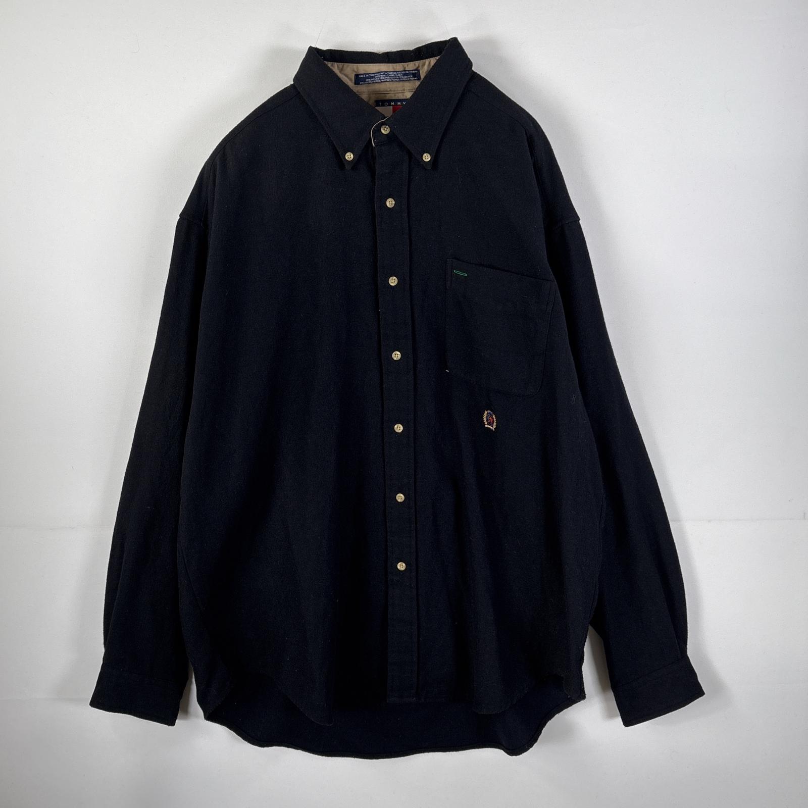 古着 90s/90年代 長袖シャツ ボタンダウンシャツ ワンポイント刺繍ロゴ XL ブラック メンズ