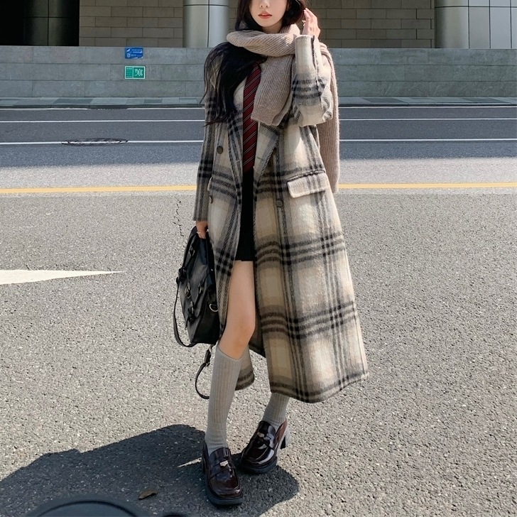 チェック柄 ロング チェスターコート 韓国 秋冬 アウター ロング チェスターコート パーティースタイル ホームパーティーアイテム オフィススタイル エレガントスタイル カジュアルスタイル