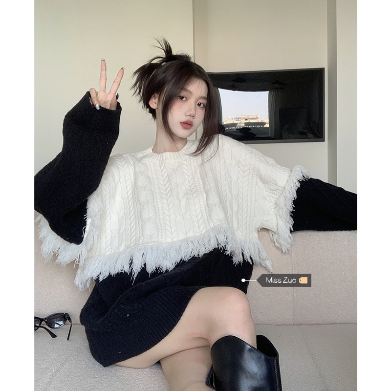 フリンジツイストニット ニット セーター トップス レディース プルオーバー オーバーサイズ フリンジニット ミドル丈 可愛い 萌え お出掛け デート ニットワンピース ２カラー D113