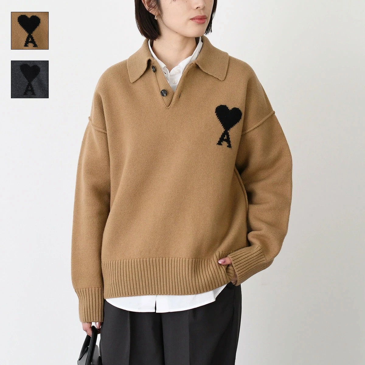 トップス ニット メリノウールフェルト ポロ UPL409 018 レディース ユニセックス グレー キャメル ブラウン