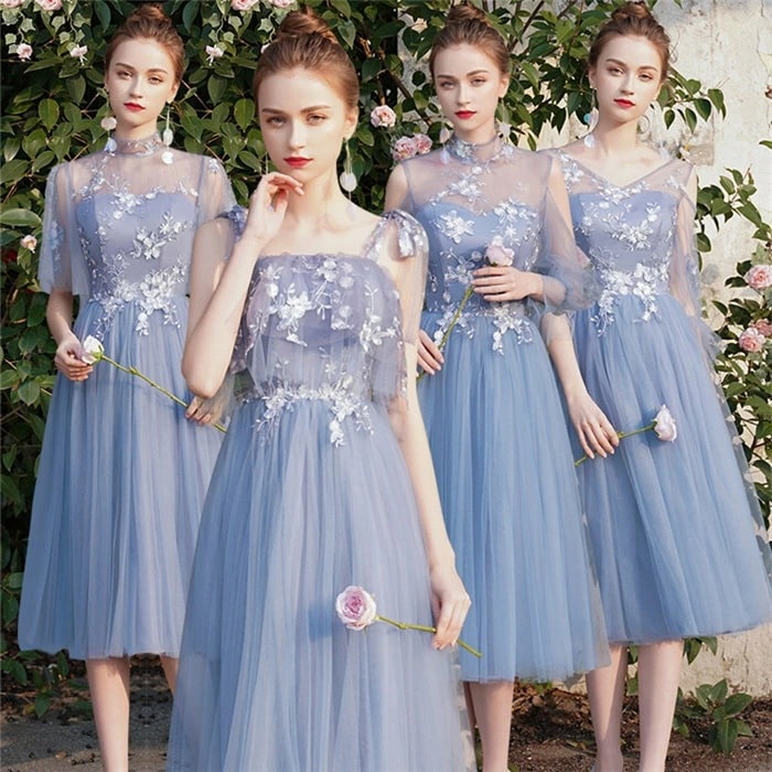 ブルー/グレー　4タイプ　レース　ブライズメイド　ドレス パーティードレス　ミディアムドレス　フォーマルドレス　ミモレ丈/マキシ丈選択可能　ロングドレス　ワンピース二次会演出司会 結婚式お呼ばれ　ミデ
