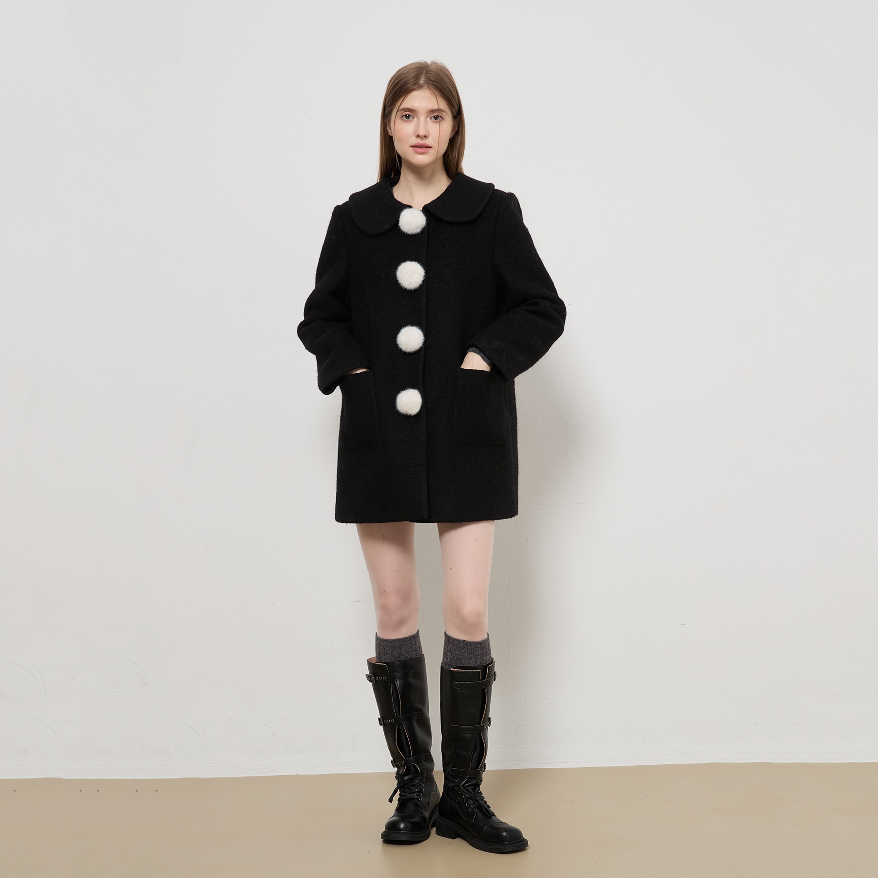 xia Zhi [ミス・ウェンディ] ウールコート 可愛いファーボール ファー襟ウールコート 秋冬