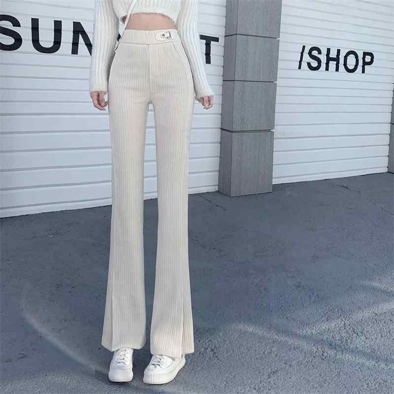 パンツ レディース 秋 冬 ボトムス シェニール ハイウエスト ワイド レッグ スリット フレア 小柄 スリム