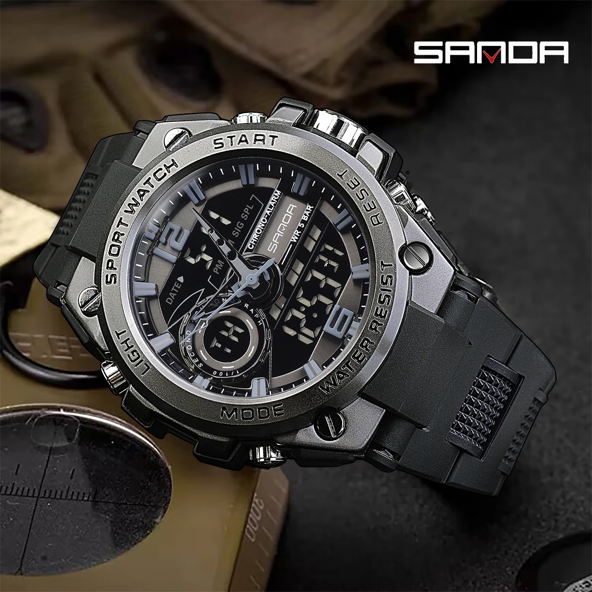 男性用 ミリタリー 腕時計 耐水性 多機能 電子 ディスプレイ 発光 時計