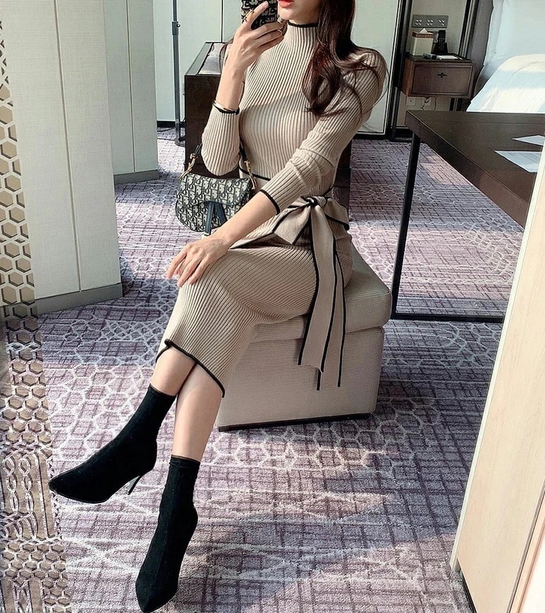 配色ラップディテールリブニットワンピースp202937 レディース 【ops】 韓国ファッション ワンピース ミディ ミディアム ミドル　膝下 膝丈 ハーフネック ハイネック 長袖 Hライン スリム