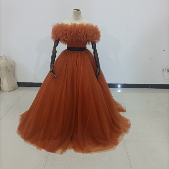 即納！テラコッタカラードレス オフショルダーの2WAYドレス 取り外し可能 花嫁/拳式