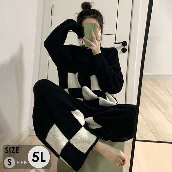 もこもこ ルームウェア 韓国 可愛い おしゃれ 上下セット チェック柄 パジャマ 大きいサイズ 冬 長袖 寝巻き 部屋着 暖かい あったか モコモコ 大人用 ふわふわ
