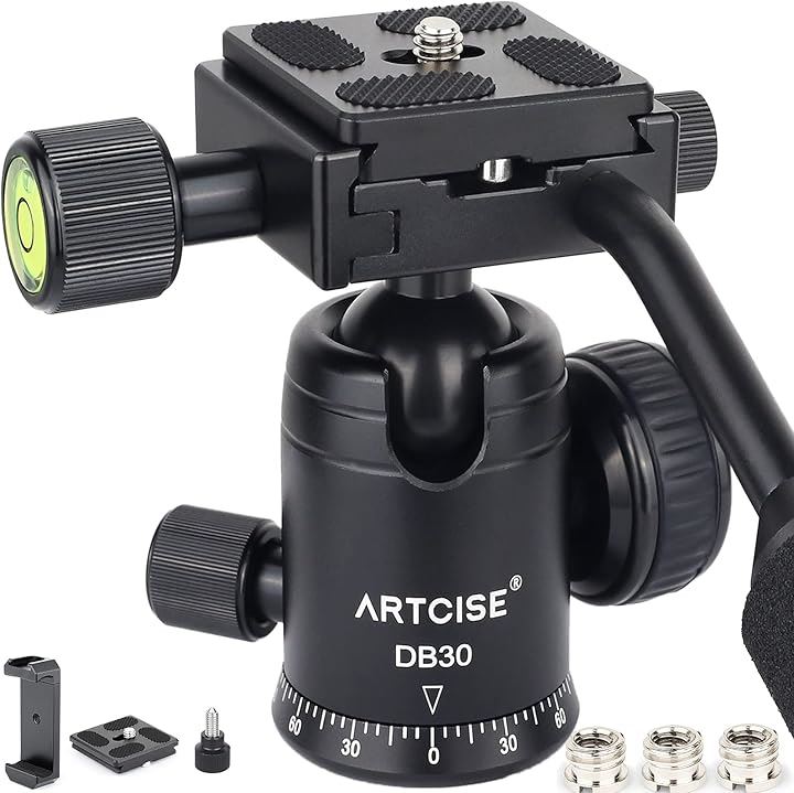 ボール雲台 クイックシュー付き 軽量 アルミ合金製 360度回転可能 自由雲台 ハンドル バブル水準器 全景撮影 ビデオ カメラ 三脚 一眼レフ DSLR 用 1/4ネジ( ブラック)