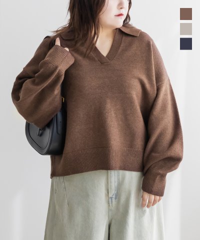 大きいサイズ レディース LL 3L 4L XL XXL XXXL スキッパーニットプルオーバー