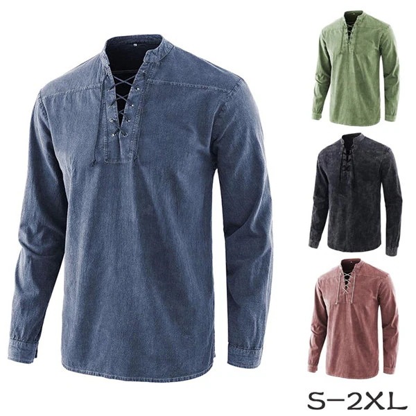 シャツ トップス メンズ 中世ヨーロッパ ルネッサンス 無地 レースアップ コスプレ 長袖 デニム風 皇室 王子 衣装 舞台衣装 王子様 貴族 イベント 文化祭 大人 演奏会 撮影用 ステージ衣装 ハ