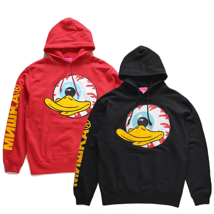 MISHKA パーカー スケボー 長袖 スウェット 裏パイル トップス メンズ 黒/赤 大きいサイズ フードパーカー おしゃれ アヒル 鳥 キープウォッチ