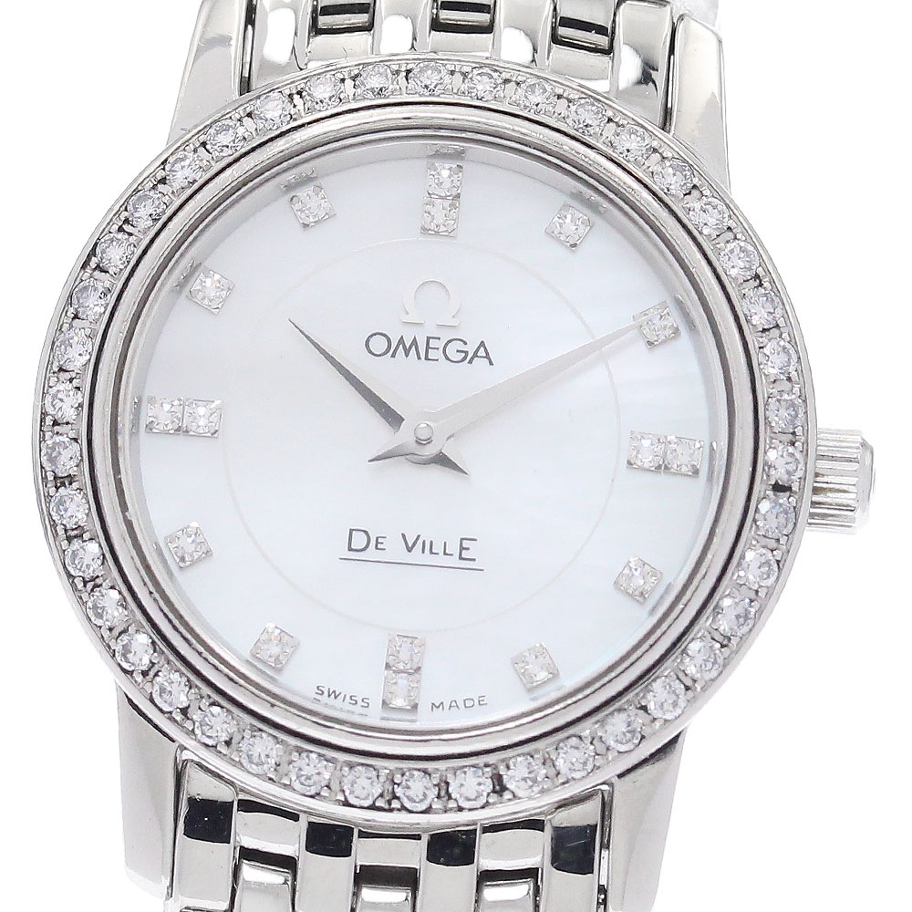 オメガ OMEGA 4575.75 デビル プレステージ 16P ダイヤベゼル シェル文字盤 クォーツ レディース _944605【中古】