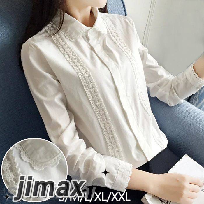 レディース シャツ 白 フォーマル シャツ 長袖 ポケット付き ブラウス レースシャツ ビジネス オフィスシャツ トップス　OL 通勤 制服 無地 仕事用 スーツに合わせて ホワイト S M L XL