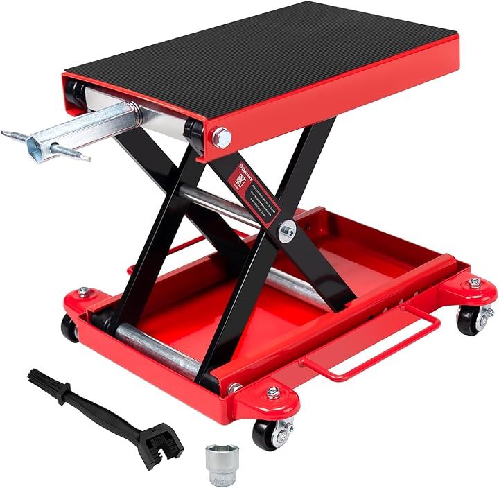 バイクジャッキ バイクリフト リフトドーリー 耐荷重500kg ソケット付 ゴムマット付 キャスター付 3面チェーンブラシ付き(レッド-new)