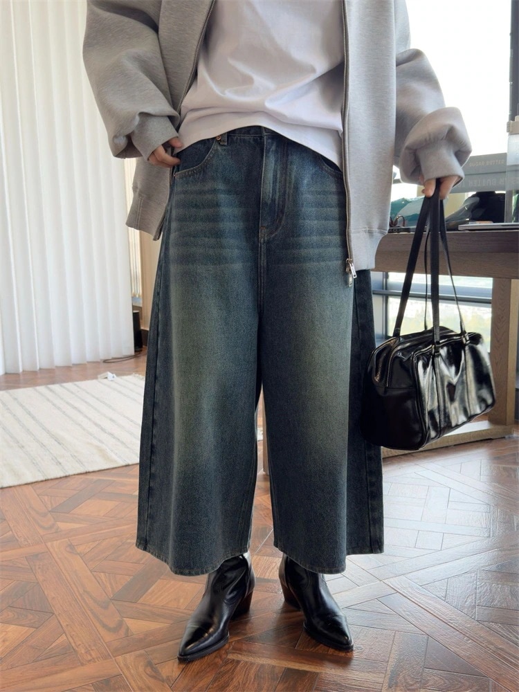 INSスタイル 七分パンツ 2025早春 デニムパンツ レトロ 水洗い ワイドパンツ ジーンズ トレンド ゆったりする カジュアルパンツ