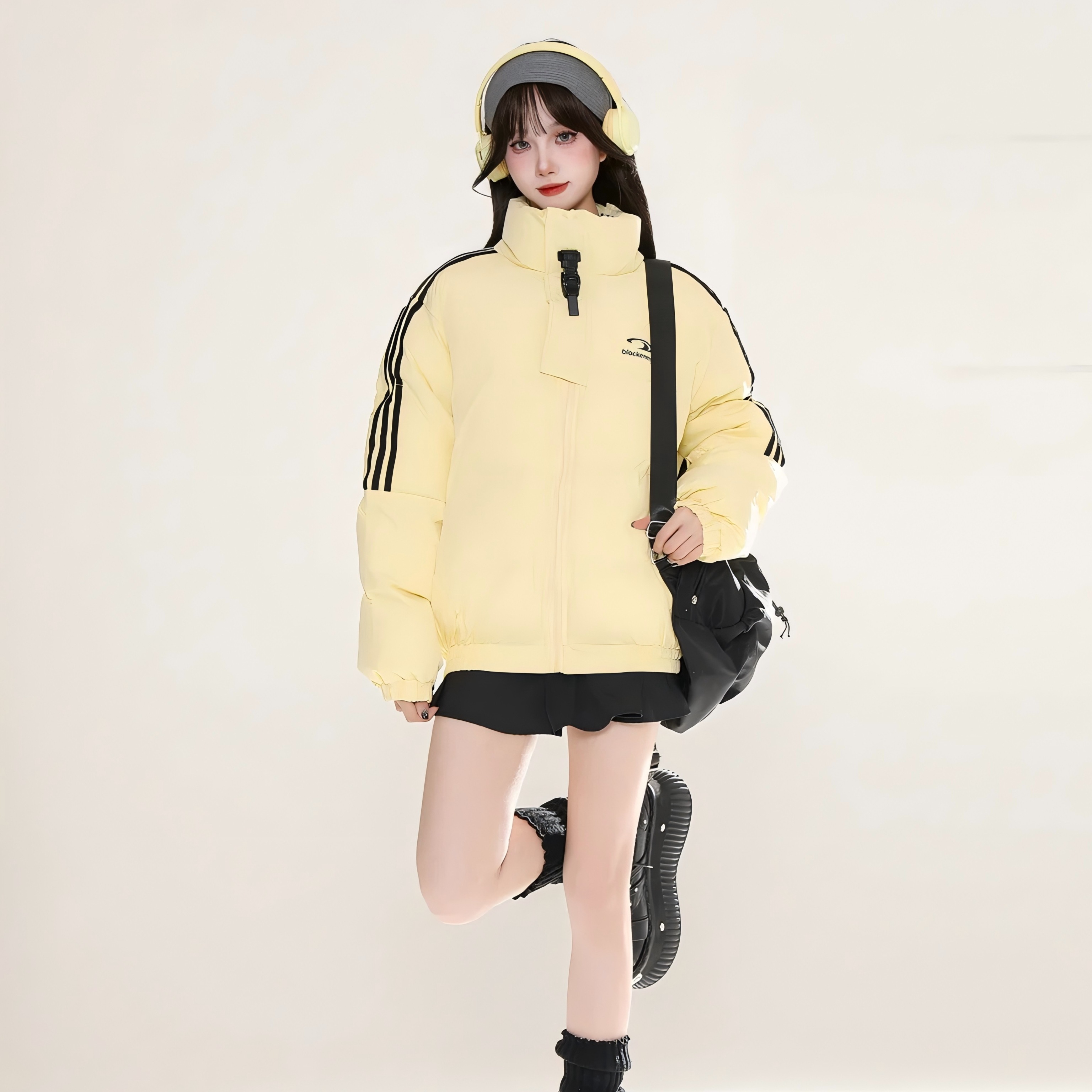 ふっくら中綿 あたたかい冬 韓国防寒あったか暖かいかわいい 厚手アウターBF風無地羽織るハイネックファッション系大人ゆったりカジュアルストリートスタンドサイドサイズ丈シルエット秋レディース黑