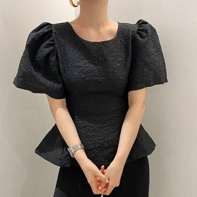 パフスリーブエンボスブラウス パフスリーブワッシャートップス トップス ブラウス シャツ パフスリーブ エンボス生地 レディース 可愛い 上品 デート お出掛け 春夏秋 ２カラー C463