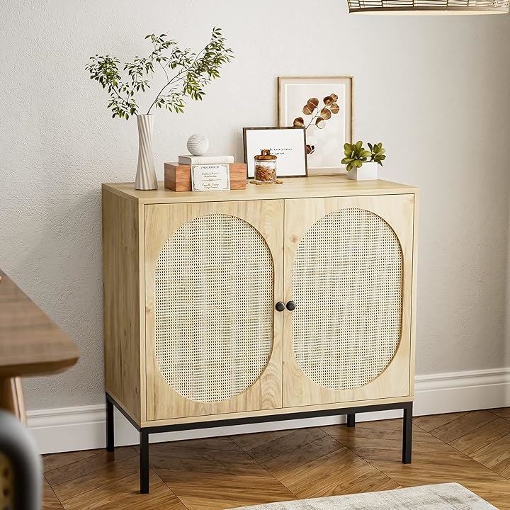 ラタンキャビネット 木製 天然ラタンサイドボード チェスト リビングボード ラタン調収納棚 キッチン 扉付き ゴールド おしゃれ 調節可能な棚付き 寝室用(ナチュラル, 幅80CM)