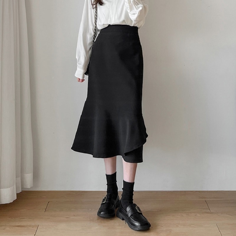 スカート ロング マーメイド ハイウエスト アシンメトリー ミドル丈 2XL 3XL ブラック ホワイト 個性的 存在感 無地 オールシーズン デート 10代 20代 30代 レディース 女性用