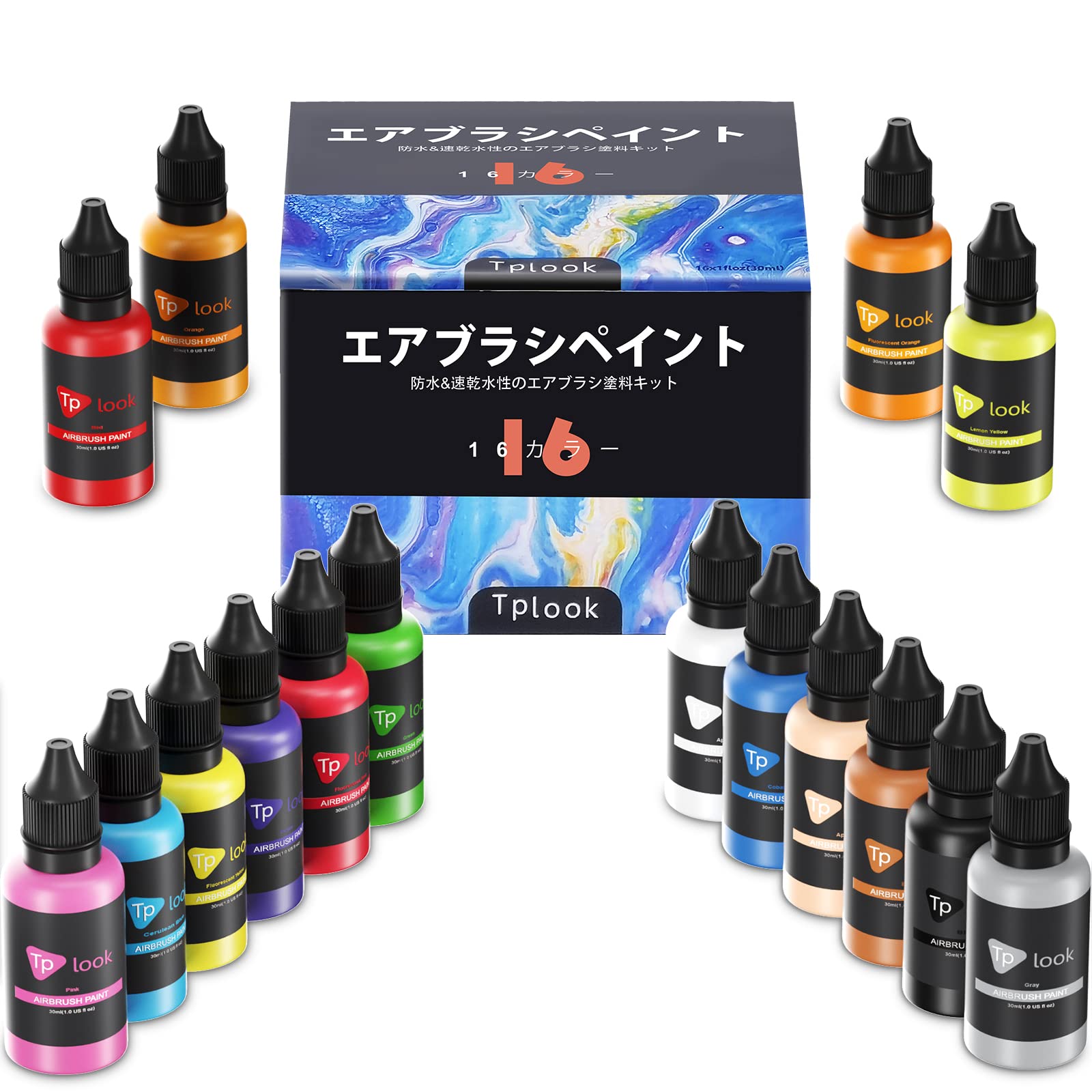 Tplookエアブラシ塗料16色アクリルエアブラシ塗料セット（30 ml / 1オンス）不透明＆ネオンカラーの希釈はプラスチックモデルセラミックキャンバス紙のための水ベースの防水クイック乾燥を必要と