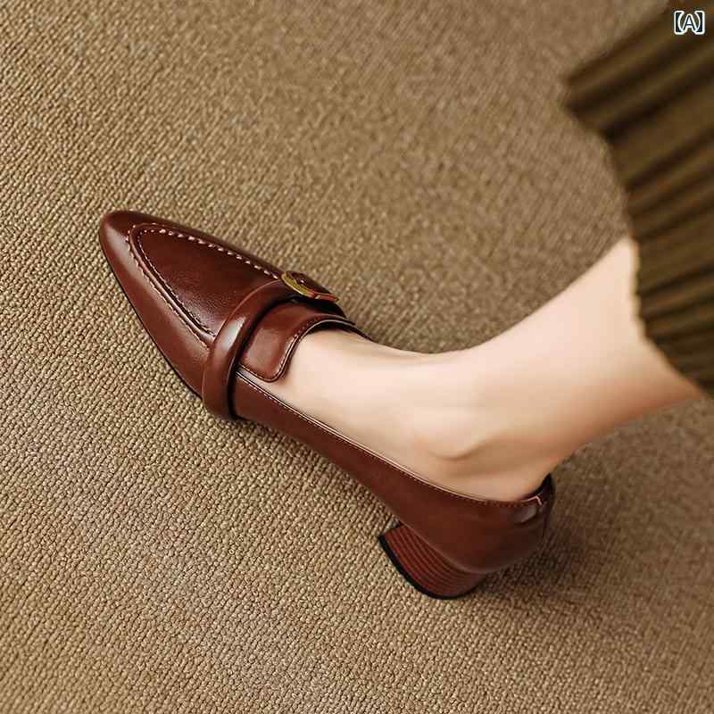 ローファー レディース 通勤 通学 オフィス 学生 女性用 フランス レトロ ポインテッドトゥ ミッド ヒール 太い ヒール 茶色 春秋 革靴 カレッジ 英国 小さい 革靴
