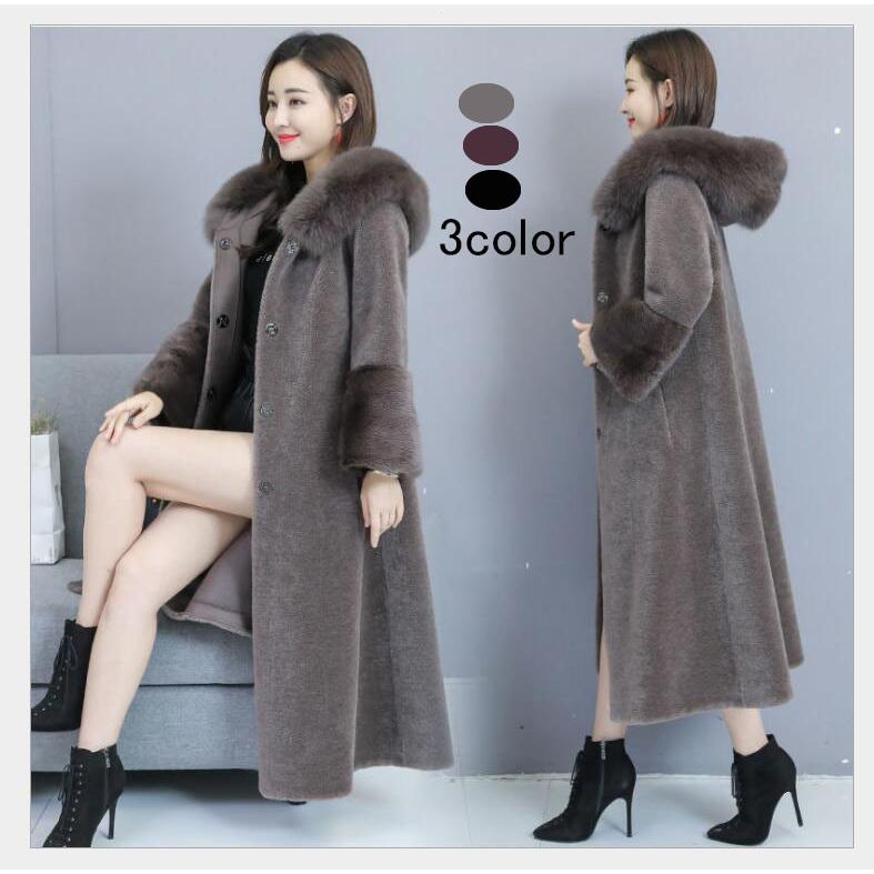 フェイクファーコート レディース 毛皮コート 冬服 フード付き もこもこ 暖かい ロング丈ジャケット 韓国風 アウター 上品 大人 着痩せ 30代 40代 カジュアル-806