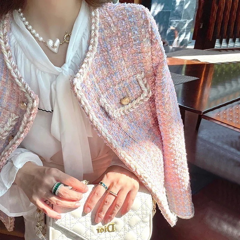 ２点で13o円OFF！【最安値挑戦】 ピンクウールチェック織ストライプスモールフレグランスショートコートレディースフレンチ気質ツイードスモールスーツ