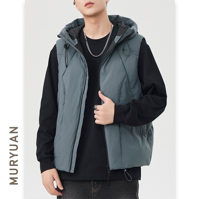 フード付きダウンジャケットベストメンズ冬用新スタイル暖かい和風機能性巾着肥厚ベスト