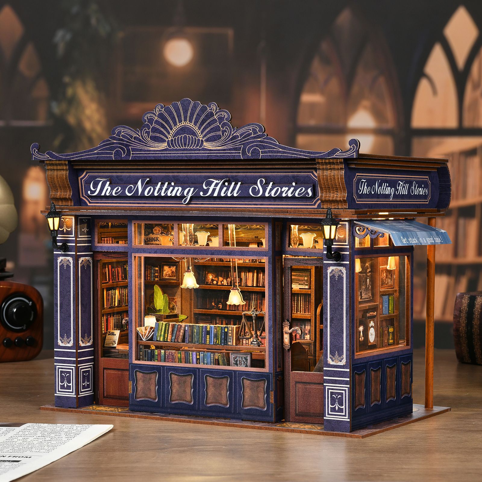 ライトなしノッティングヒル書店手作りDIYミニチュアハウス模型ブックエンドパズルミニチュアシーンブロック玩具