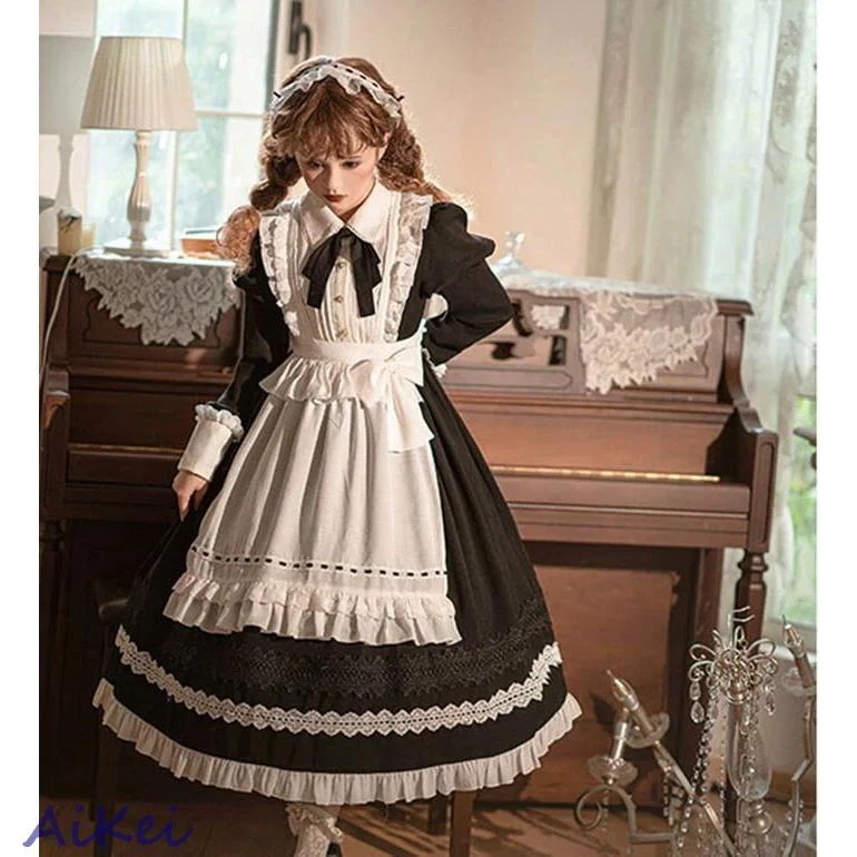ロリータ メイド 3点セット 秋冬 長袖 コスプレ ワンピース エプロン 可愛い エレガント 華麗 豪華 ふんわり スカート ボリューム メイド服 喫茶