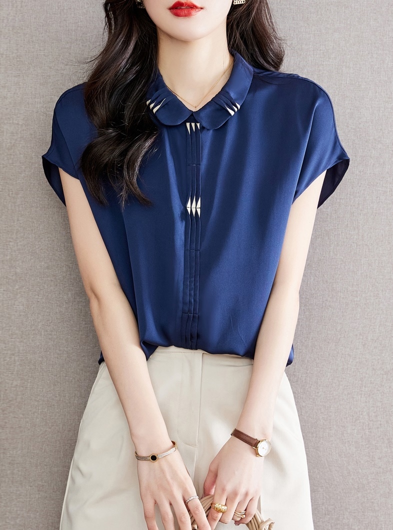 夏 レディース 女性 エレガント シルク トップ カジュアル デザイン 半袖 薄い ルーズ シャツ ネイビー ブラック M L XL XXL トップス 袖あり かわいい 大人可愛い きれいめ シンプル