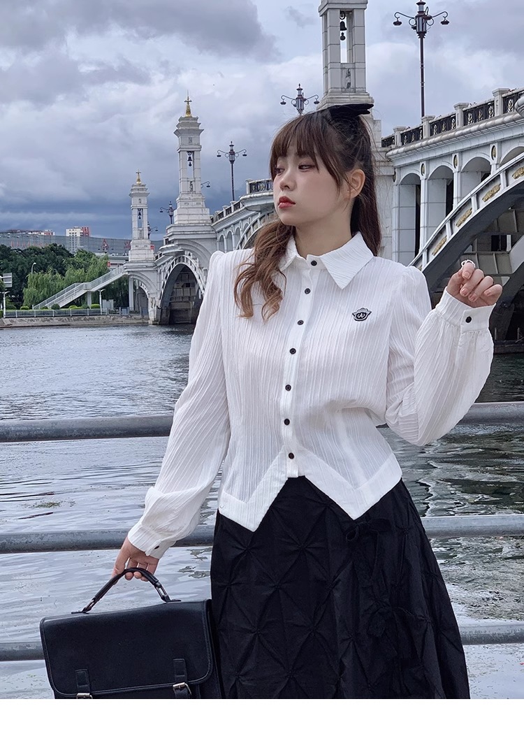 スリムフィット プラスサイズ シャツ トップ レディース ショート スタイル レトロ シンプル スイート クール トップス シャツ 白トップス 袖あり 長袖 襟付き かわいい 大人可愛い きれいめ