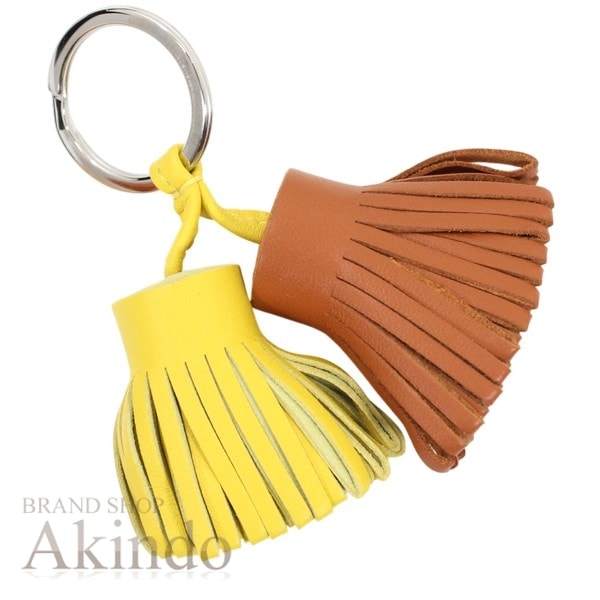 【新品・未使用】エルメス キーホルダー バッグ チャーム カルメン ウノドス ラムスキンゴールドxライム ブラウンxイエロー タッセル フリンジ キーリング シルバー金具 HERMES 人気 プレゼン