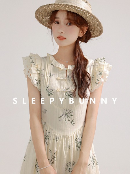 Sleepy Rabbit レトロ中国風レースドレス バックル付き