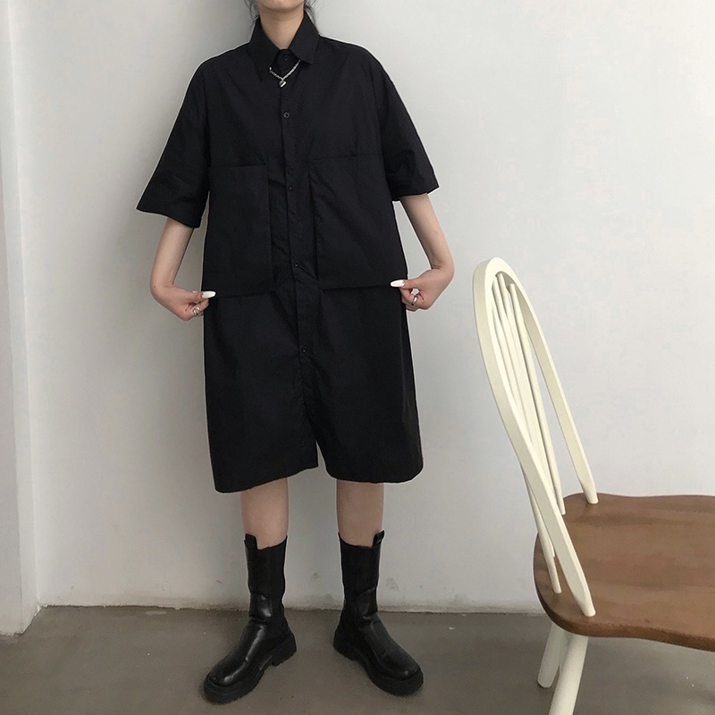 夏の女性の半袖シャツスカート無地シンプルで用途の広い個性ポケットデザインブラウススカートルーズでカジュアルな大型ミドル丈シャツスカート女性のファッショントレンド