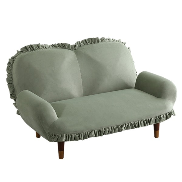 大人かわいいインテリア フリル付きベロアソファ 2人掛け グリーン＆ブラウン